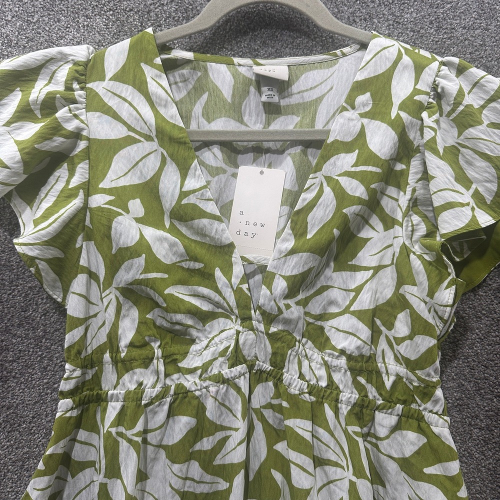 A New Day Mini Dress Women XS Green Floral Leaf Print Flutter Sleeve Sundress - Picture 7 of 12